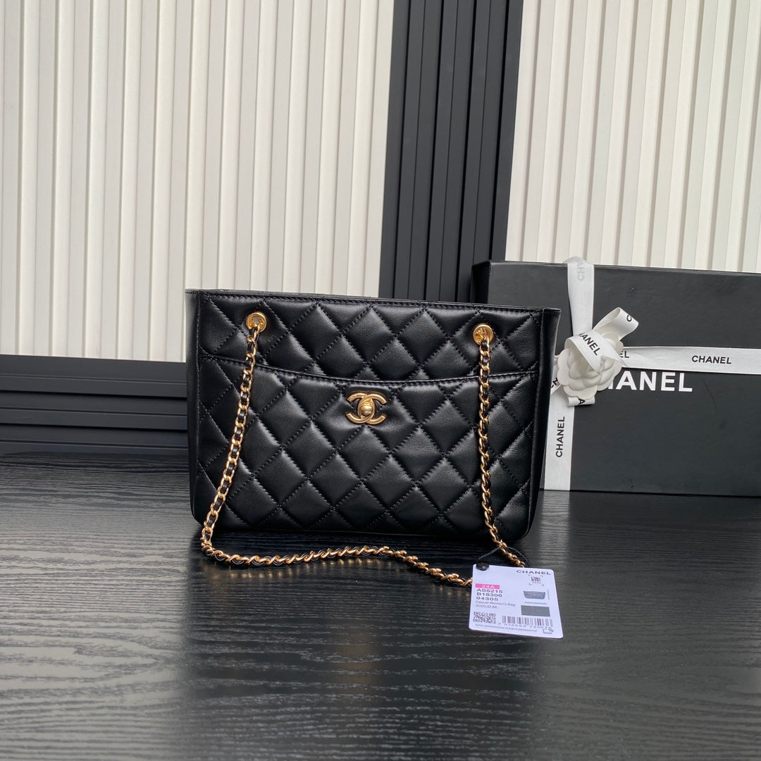 24K Shopping Bag 28cm Black Calfskin Gold Hardware