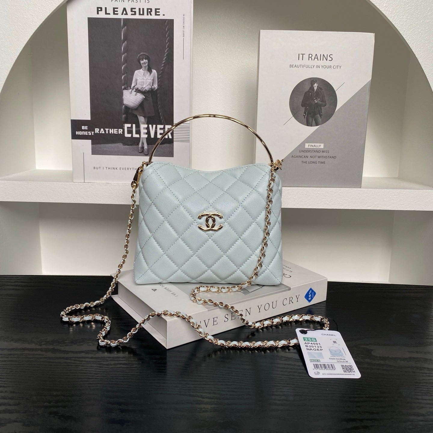 CC Coco Crush Handle Lunch Bag Light Blue Caviar Leather