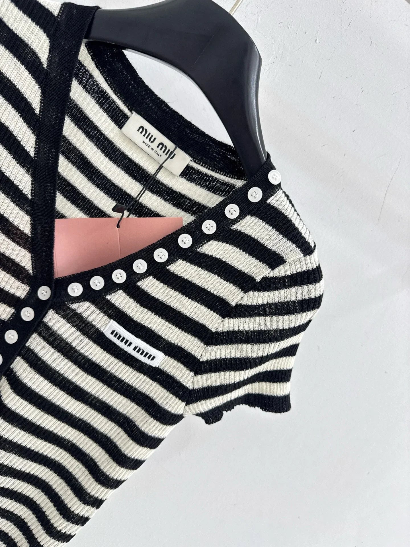 Miumiu 2026 Half-button Striped Knit Top Black White Wool 521196
