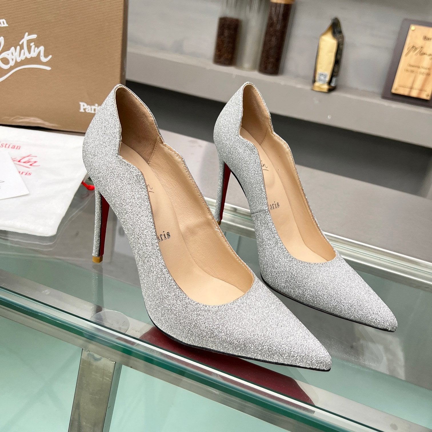 CL Hot Chick Pumps 100mm Sequin Fabric Silver