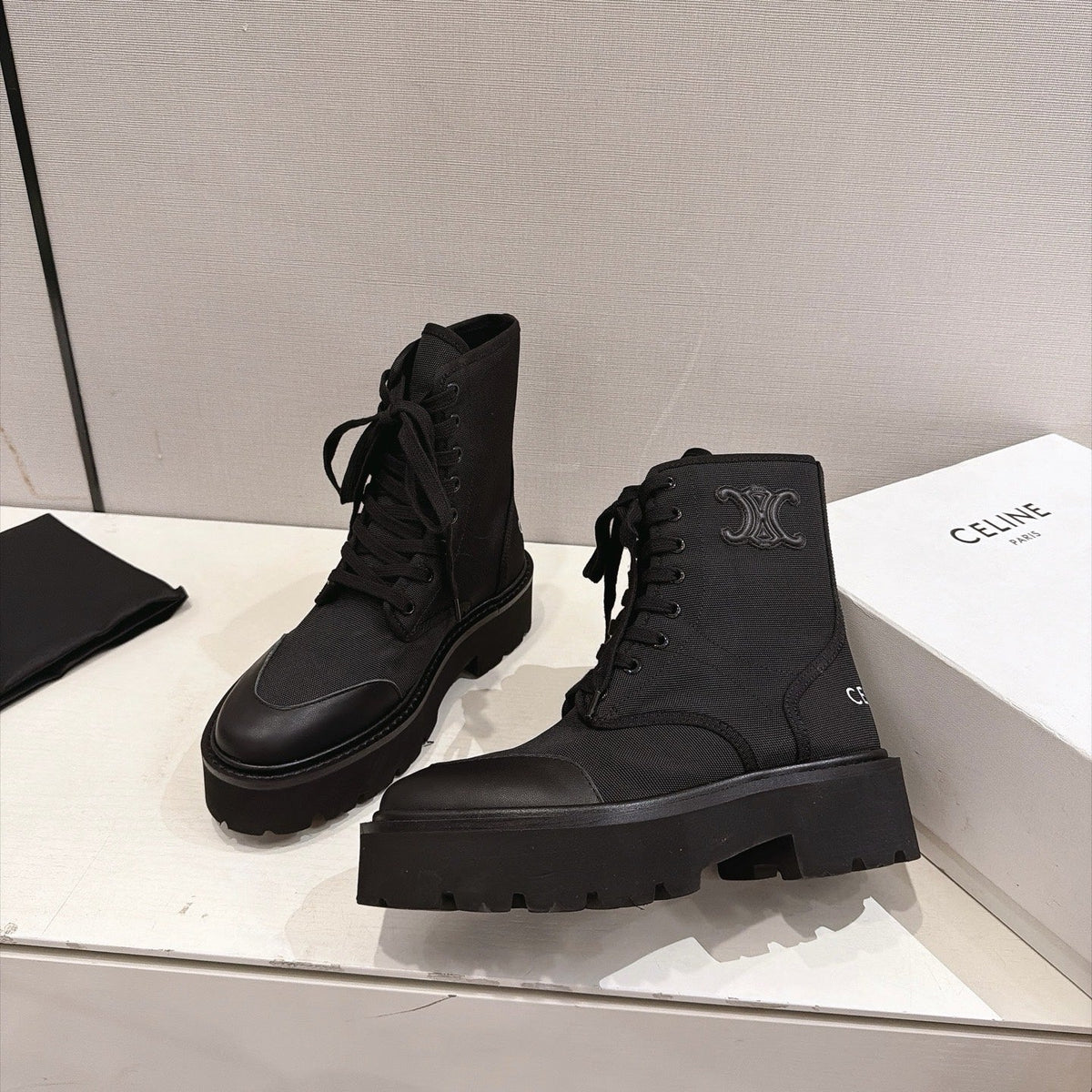 Celine Bulky Boots 4.5cm Black Canvas 168182