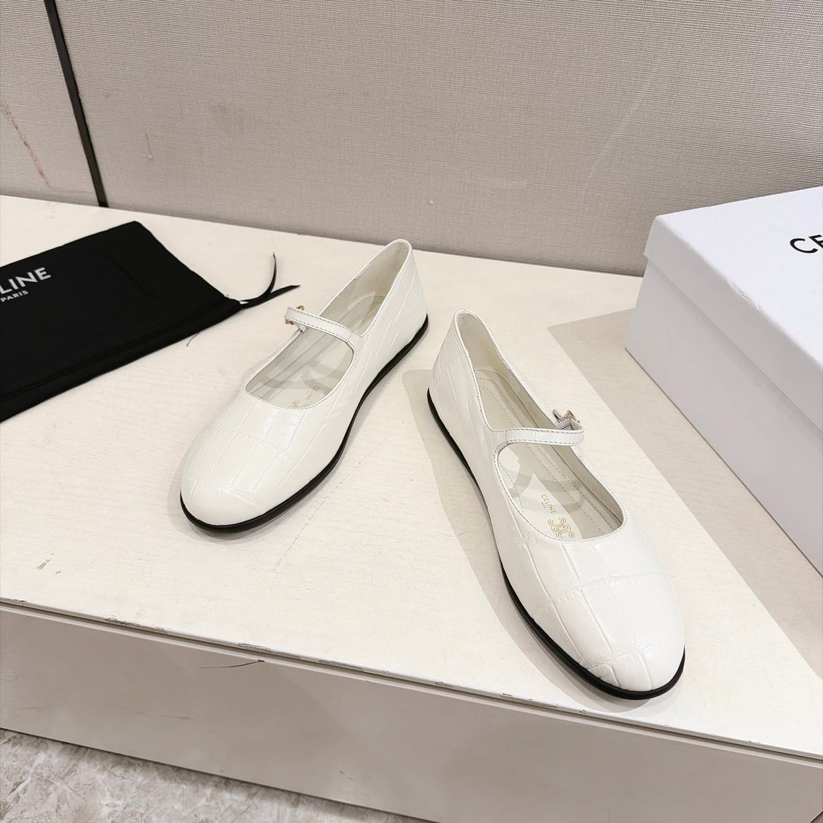 Celine Mary Jane Flats White Croc Embossed Leather 168203
