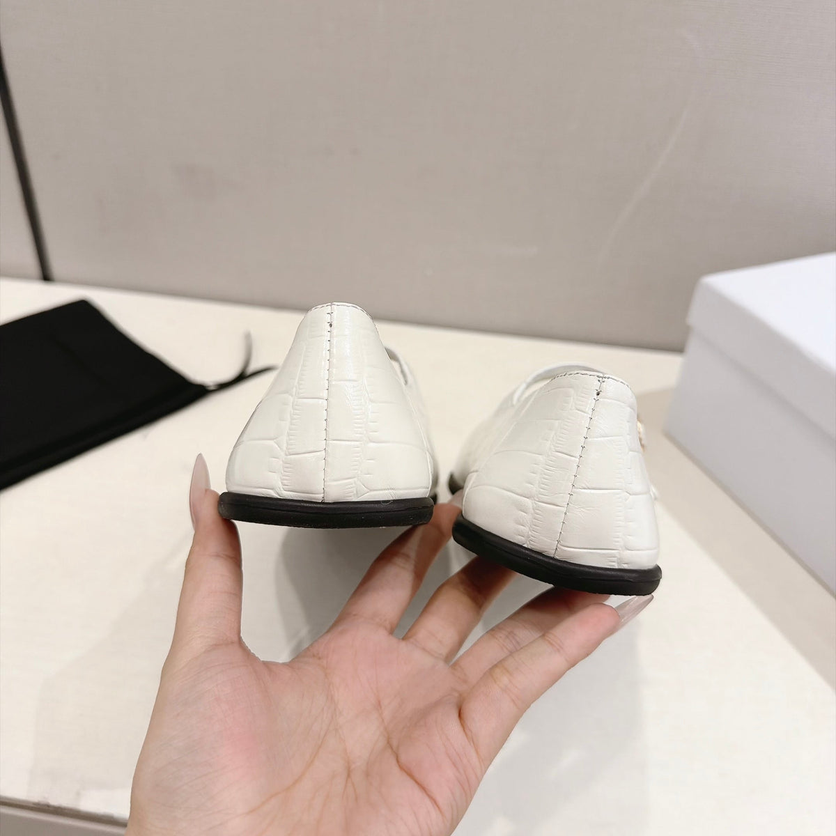 Celine Mary Jane Flats White Croc Embossed Leather 168203