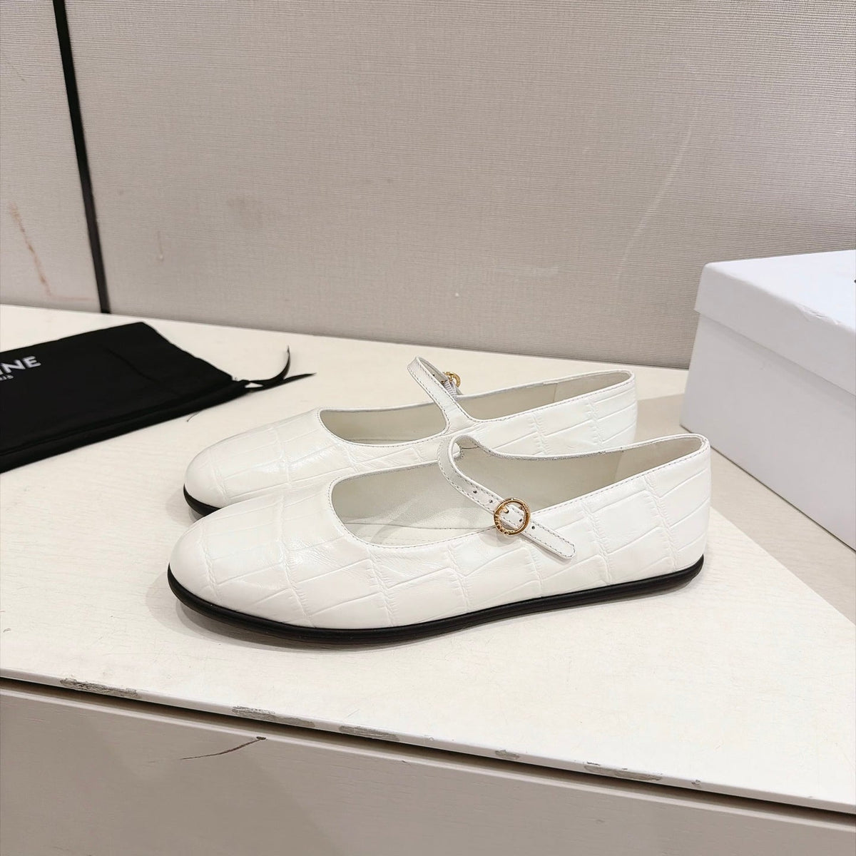 Celine Mary Jane Flats White Croc Embossed Leather 168203