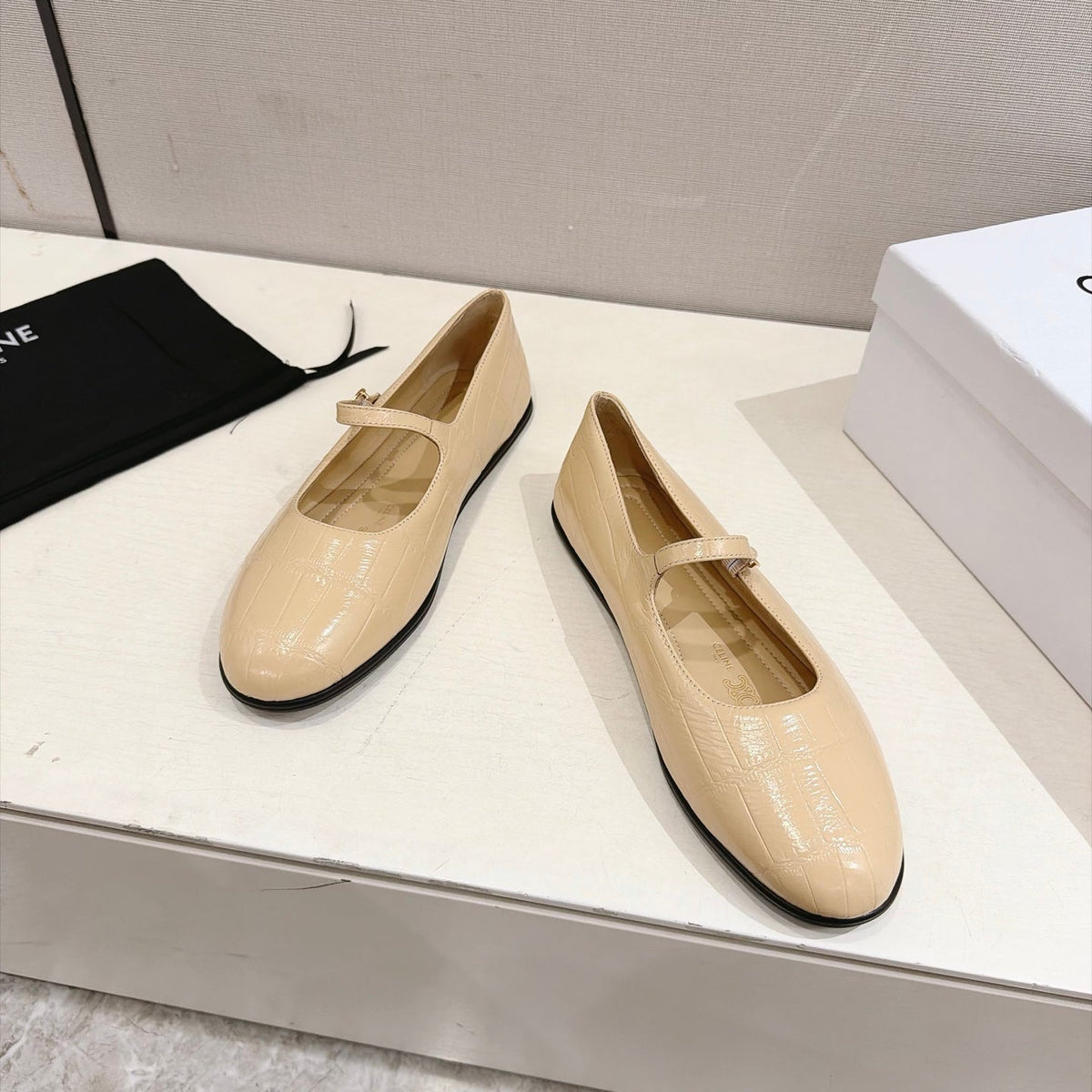 Celine Mary Jane Flats Cream Croc Embossed Leather 168204