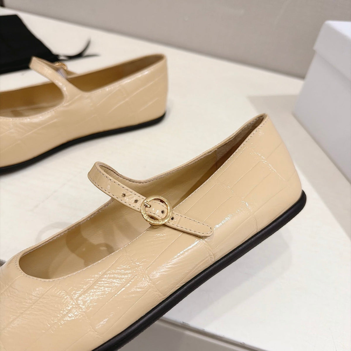 Celine Mary Jane Flats Cream Croc Embossed Leather 168204