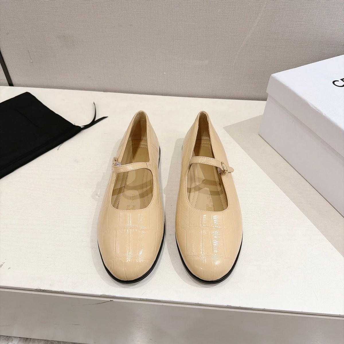 Celine Mary Jane Flats Cream Croc Embossed Leather 168204