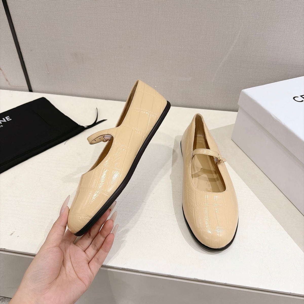 Celine Mary Jane Flats Cream Croc Embossed Leather 168204