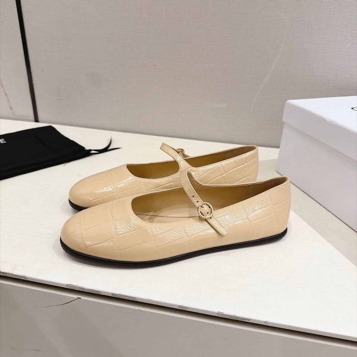 Celine Mary Jane Flats Cream Croc Embossed Leather 168204