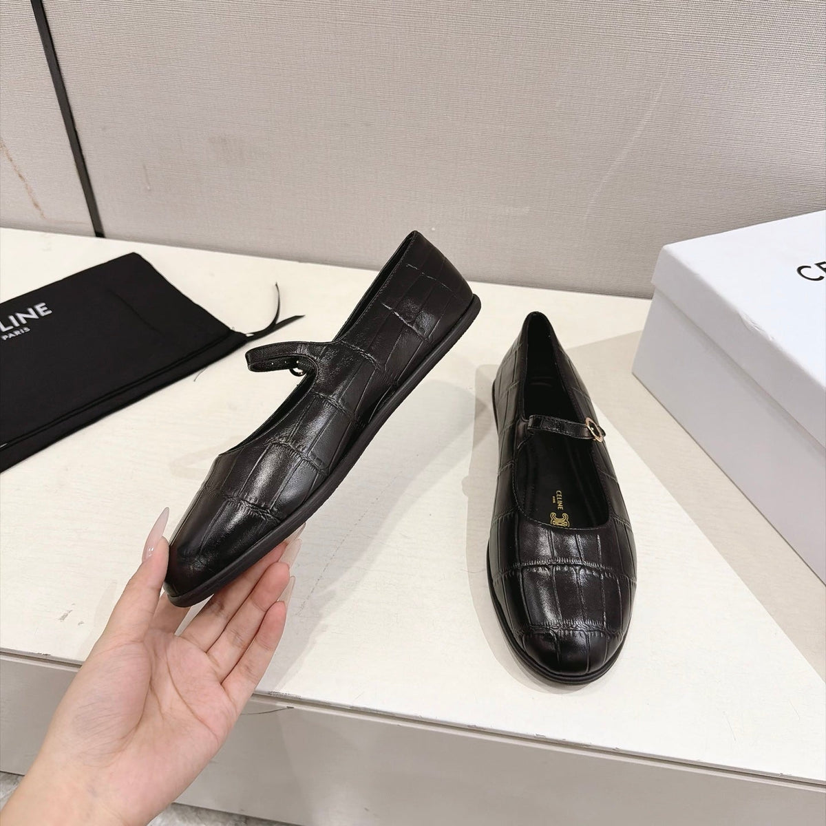 Celine Mary Jane Flats Black Croc Embossed Leather 168205