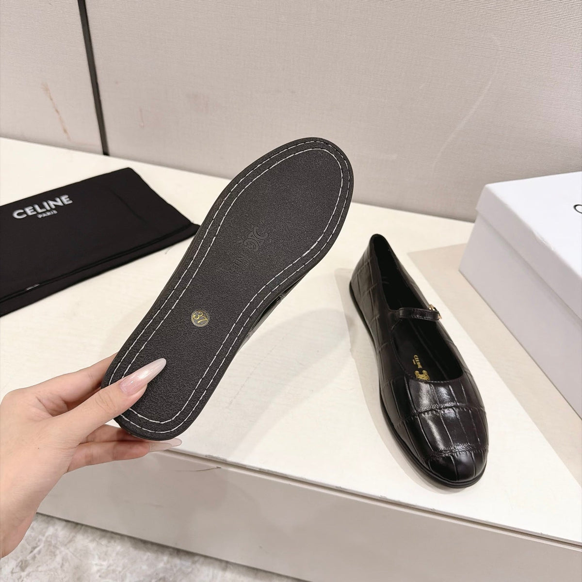 Celine Mary Jane Flats Black Croc Embossed Leather 168205
