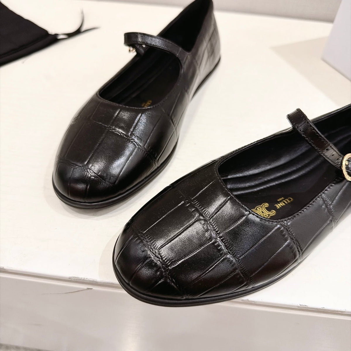 Celine Mary Jane Flats Black Croc Embossed Leather 168205
