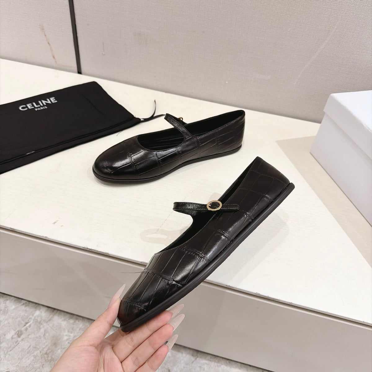 Celine Mary Jane Flats Black Croc Embossed Leather 168205