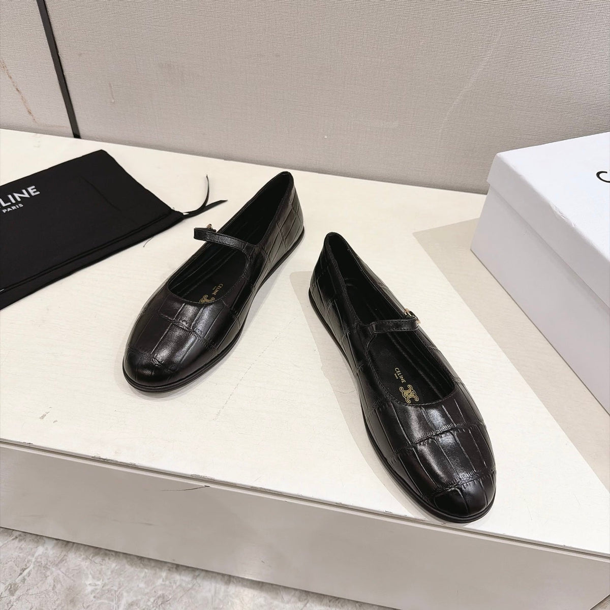 Celine Mary Jane Flats Black Croc Embossed Leather 168205