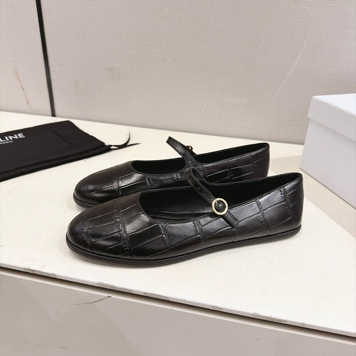 Celine Mary Jane Flats Black Croc Embossed Leather 168205
