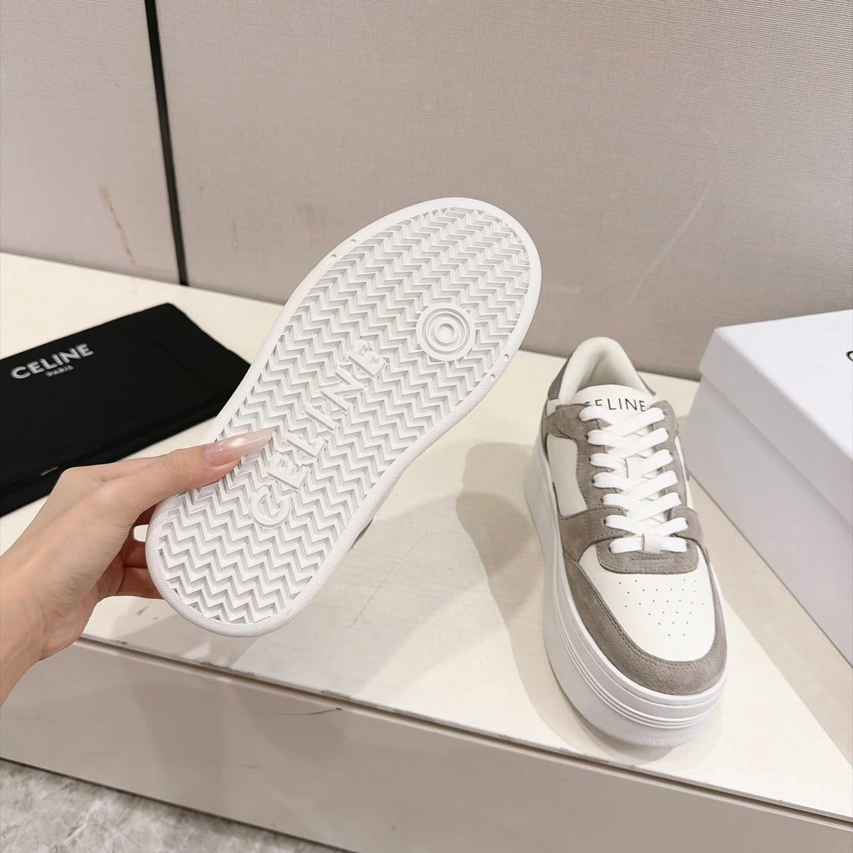 Celine Block Sneakers White Grey Suede Leather 168200