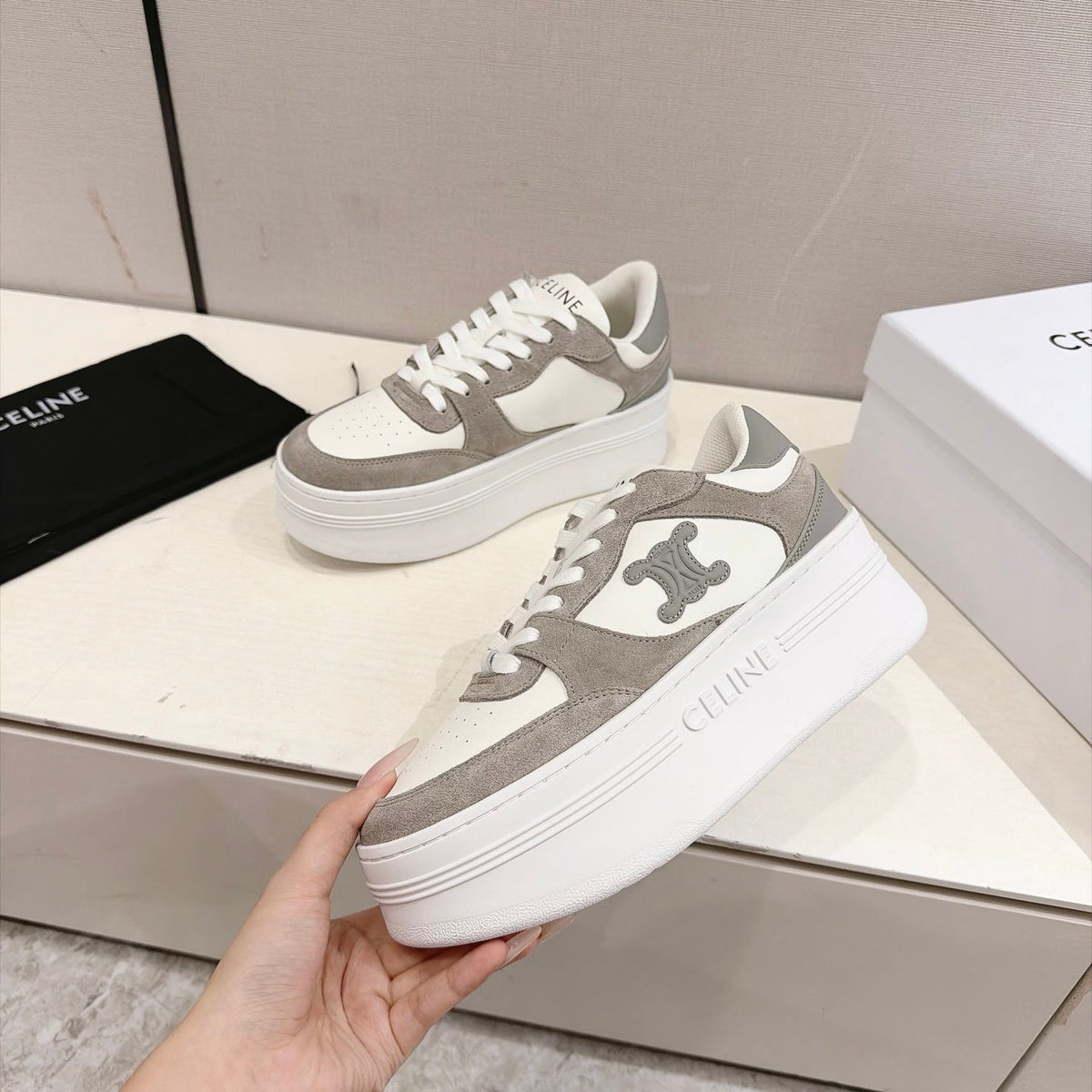 Celine Block Sneakers White Grey Suede Leather 168200