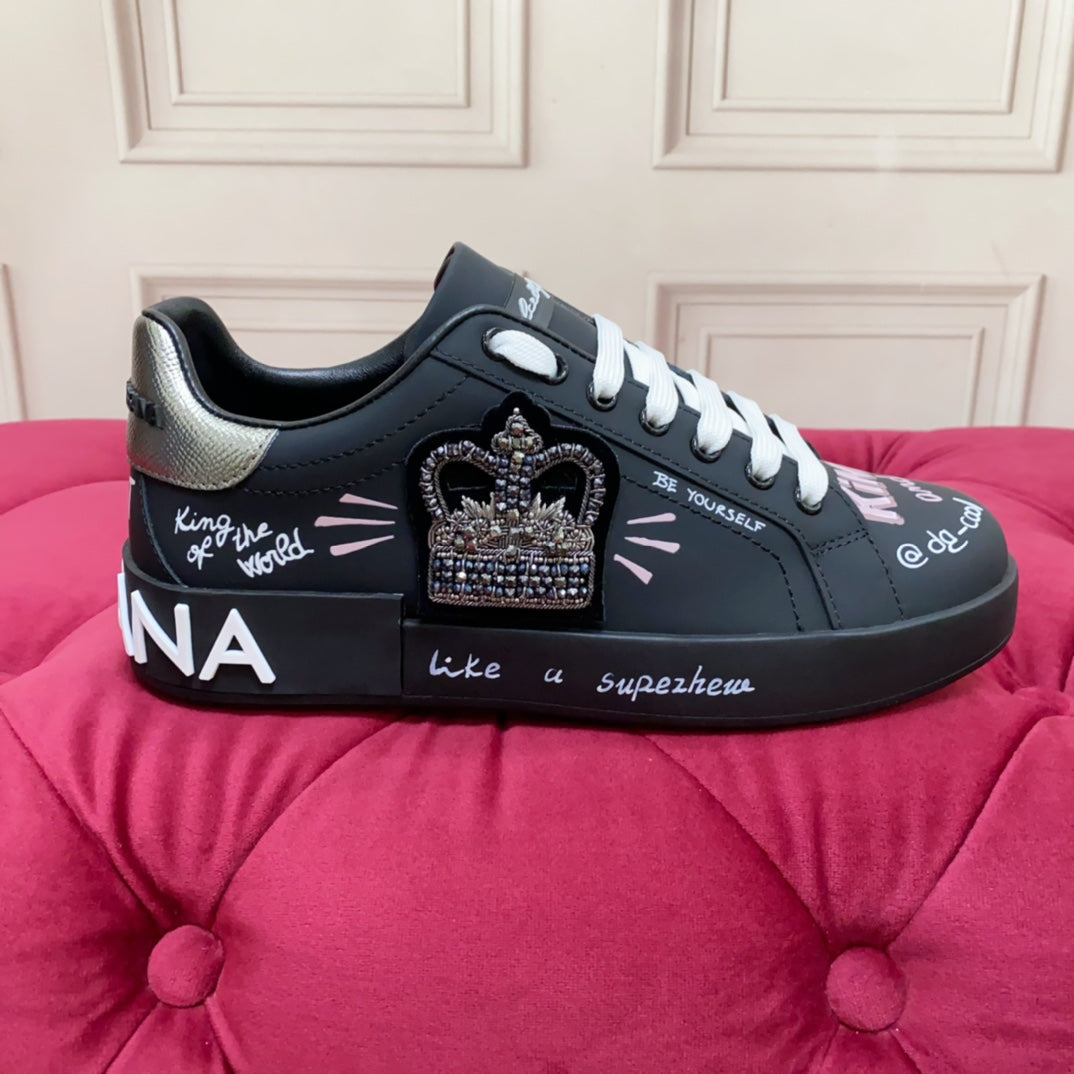 DC 24 Portofino Sneakers Black Digital-Print Sheepskin & Crown Embroidery 100859
