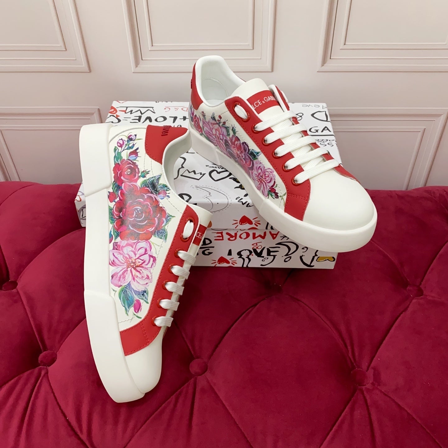 DC 25 Portofino Sneakers White Red Floral-Print Cowhide 354914