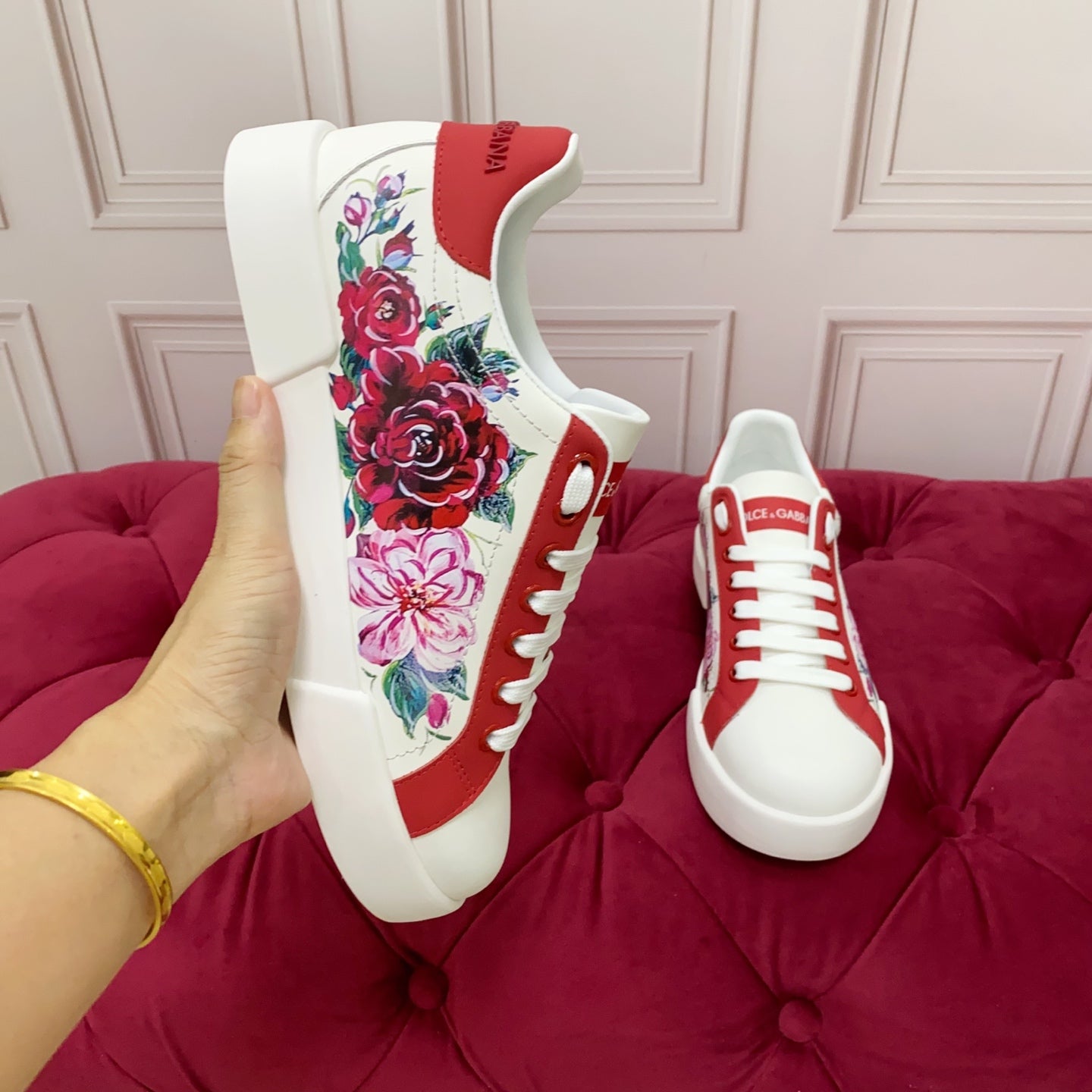 DC 25 Portofino Sneakers White Red Floral-Print Cowhide 354914
