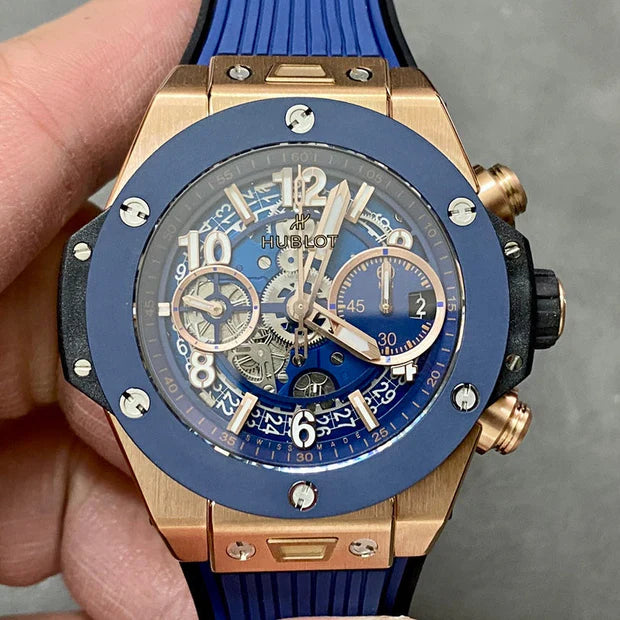 Hublot Big Bang Unico Rose Gold 42mm Watch with Blue Ceramic Bezel