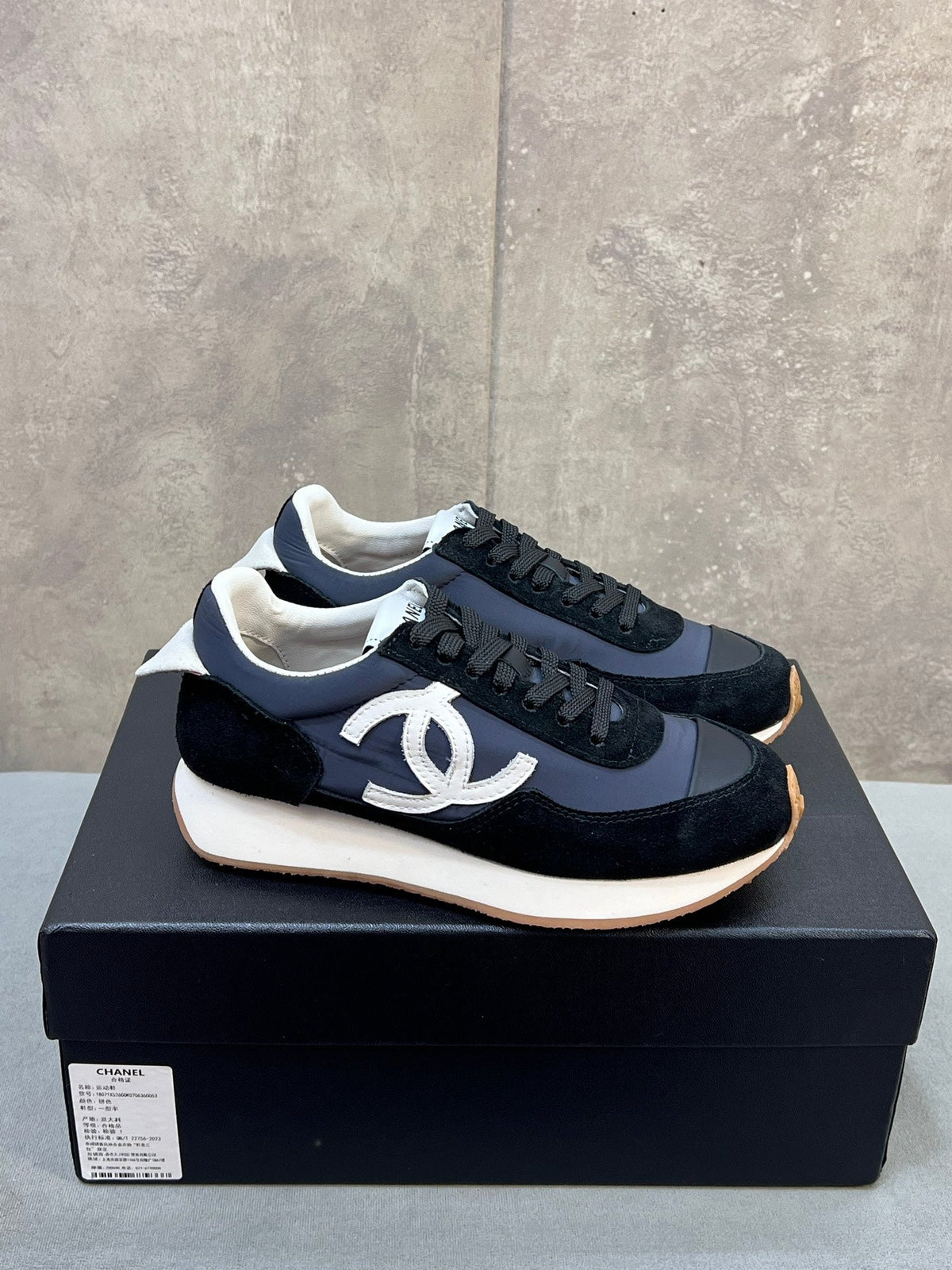 Chanel 26s Running Sneakers In Navy Black Suede And Nylon Cc Logo