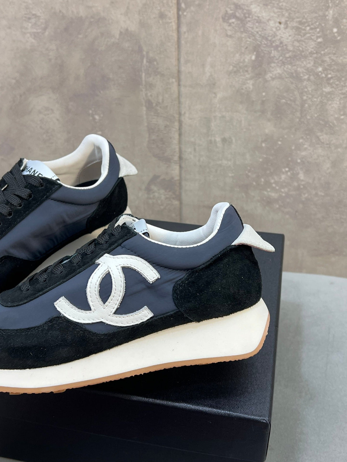 Chanel 26s Running Sneakers In Navy Black Suede And Nylon Cc Logo
