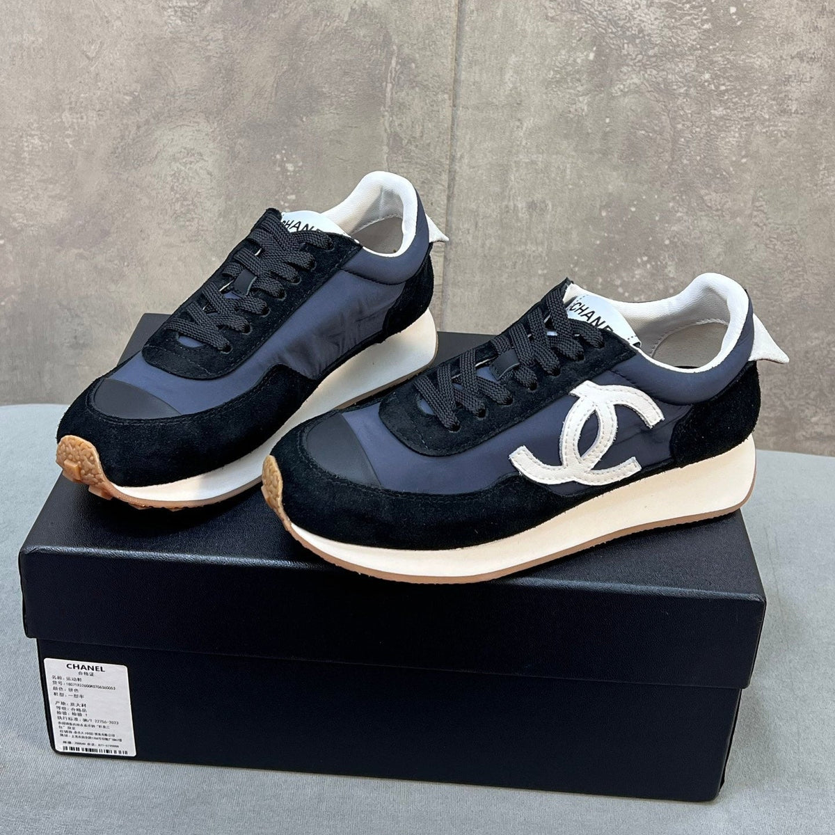 Chanel 26s Running Sneakers In Navy Black Suede And Nylon Cc Logo