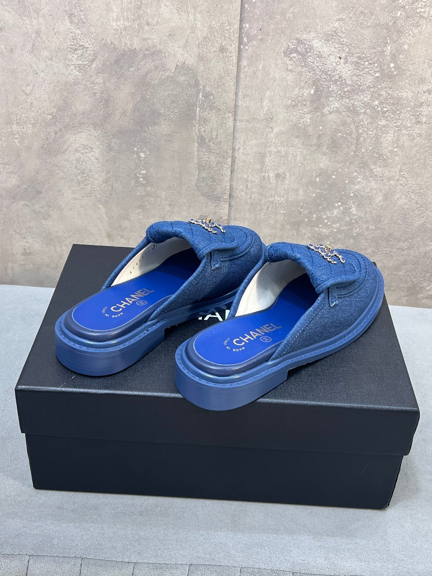 CC 26s Mule Loafers Blue Denim With Quilted Flap