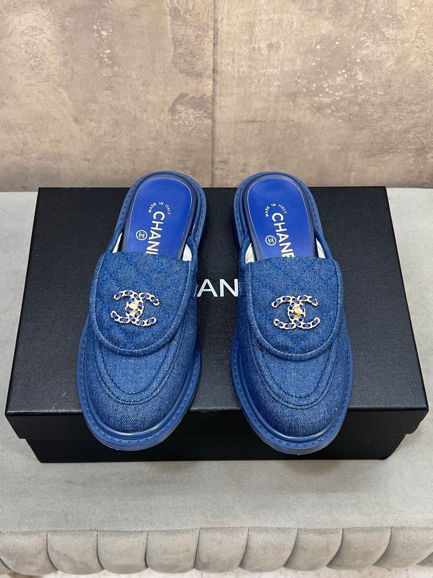 CC 26s Mule Loafers Blue Denim With Quilted Flap