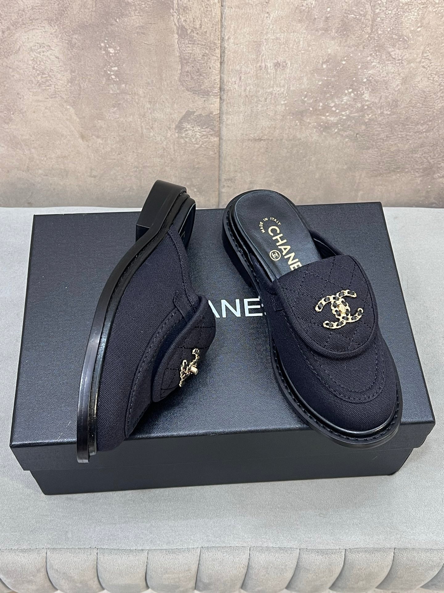CC 26s Mule Loafers Black Canvas With Quilted Flap