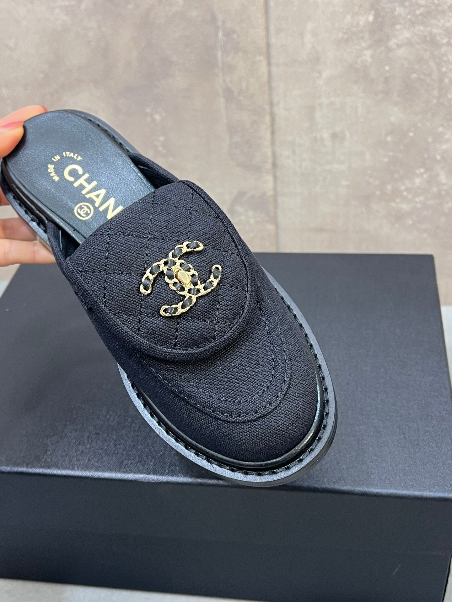 CC 26s Mule Loafers Black Canvas With Quilted Flap
