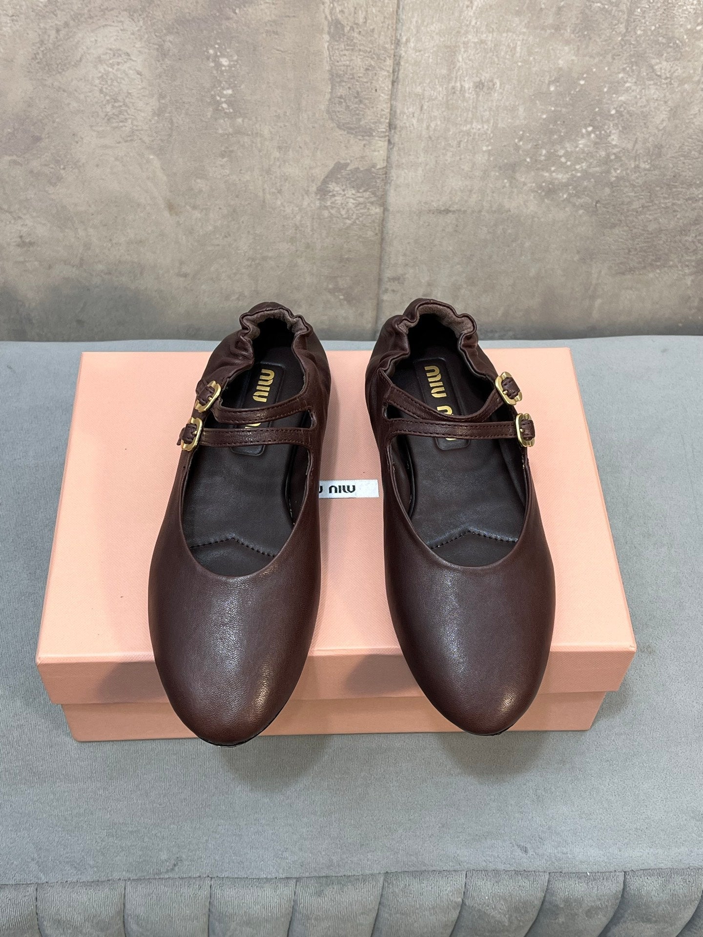 Miu 26s Double Strap Mary Jane Flats In Dark Brown Sheepskin