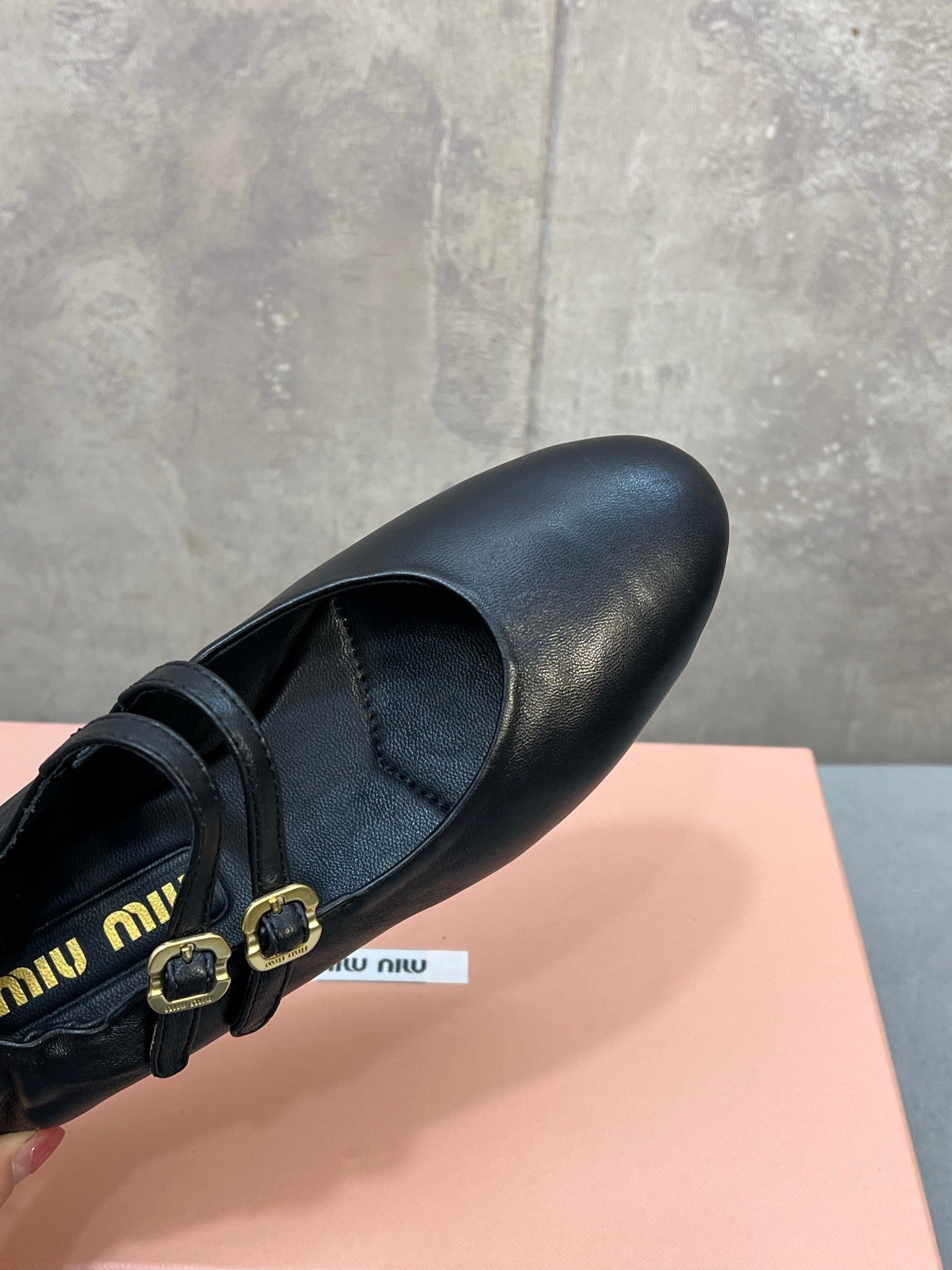 Miu 26s Double Strap Mary Jane Flats In Black Sheepskin