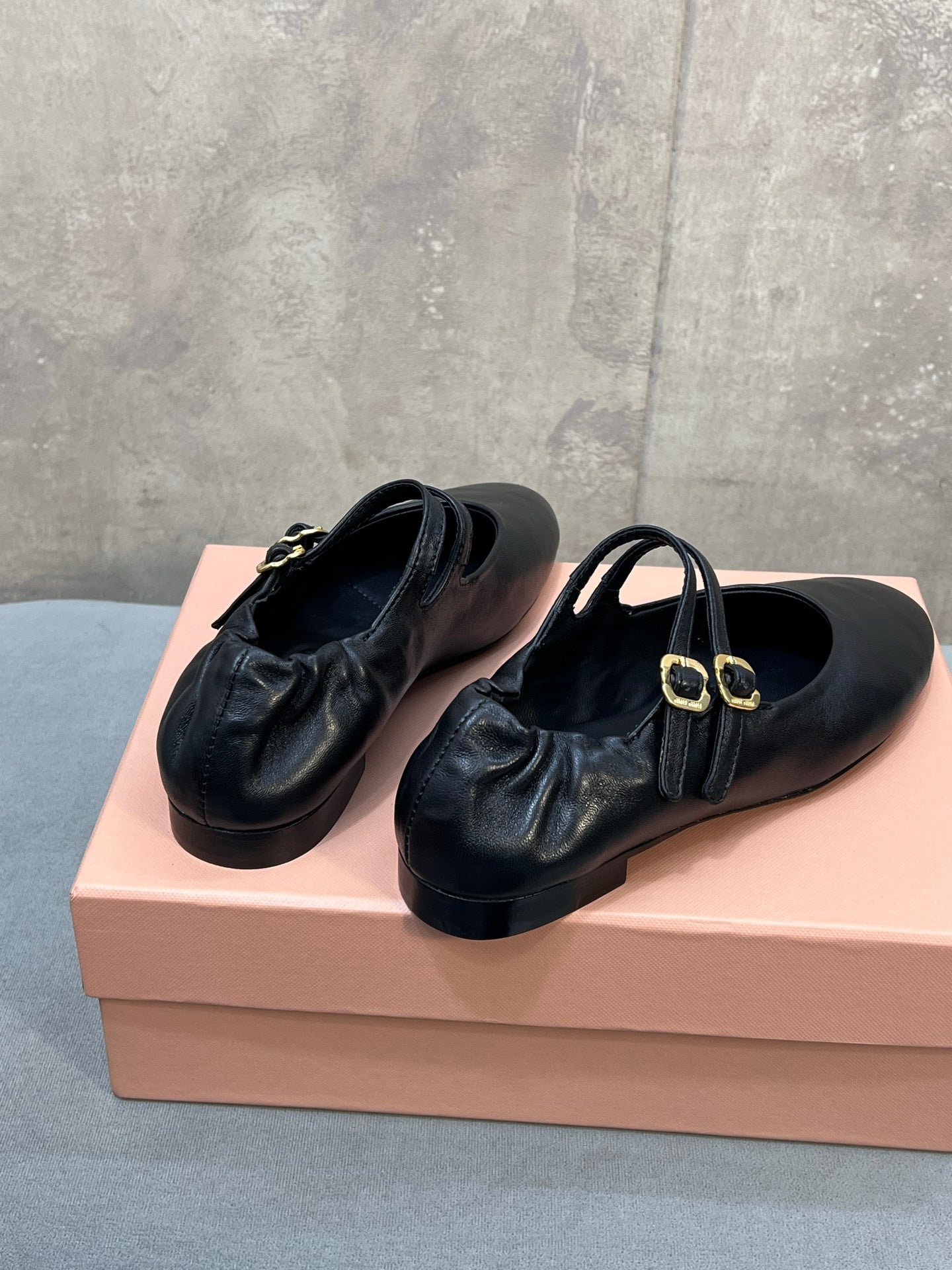 Miu 26s Double Strap Mary Jane Flats In Black Sheepskin