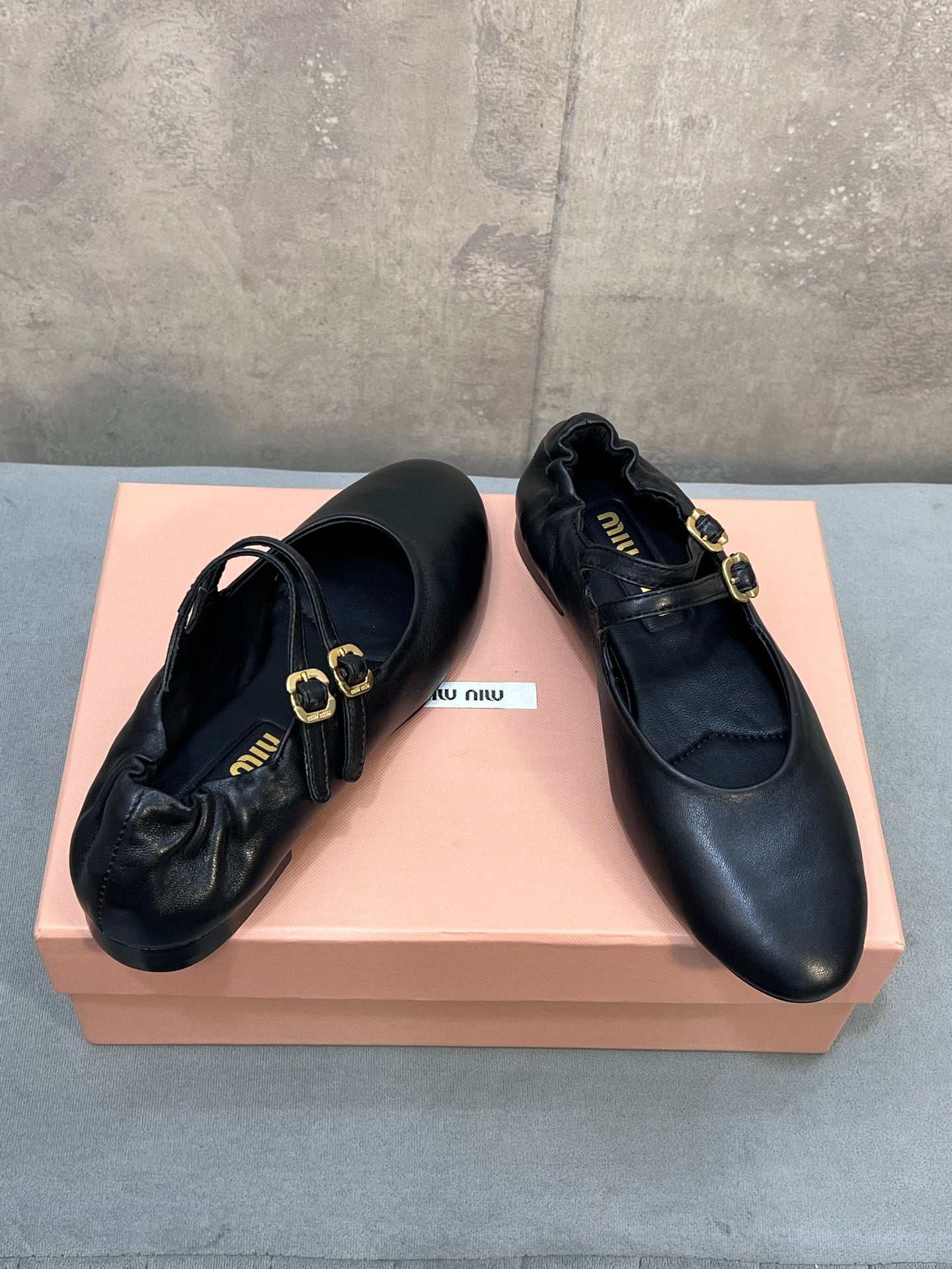 Miu 26s Double Strap Mary Jane Flats In Black Sheepskin