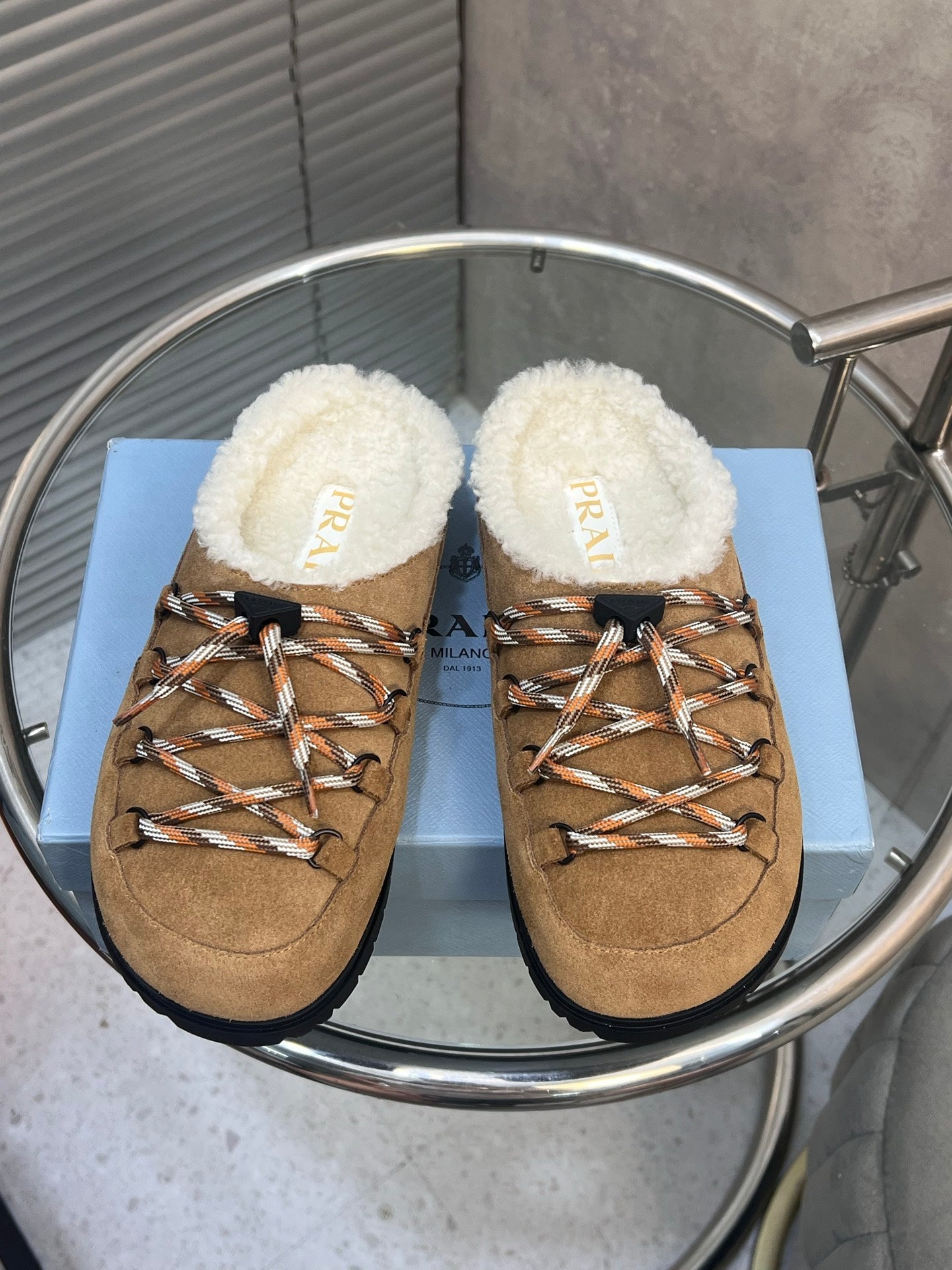 Prada 26s Mules Lace-up Brown Suede Shearing 952900
