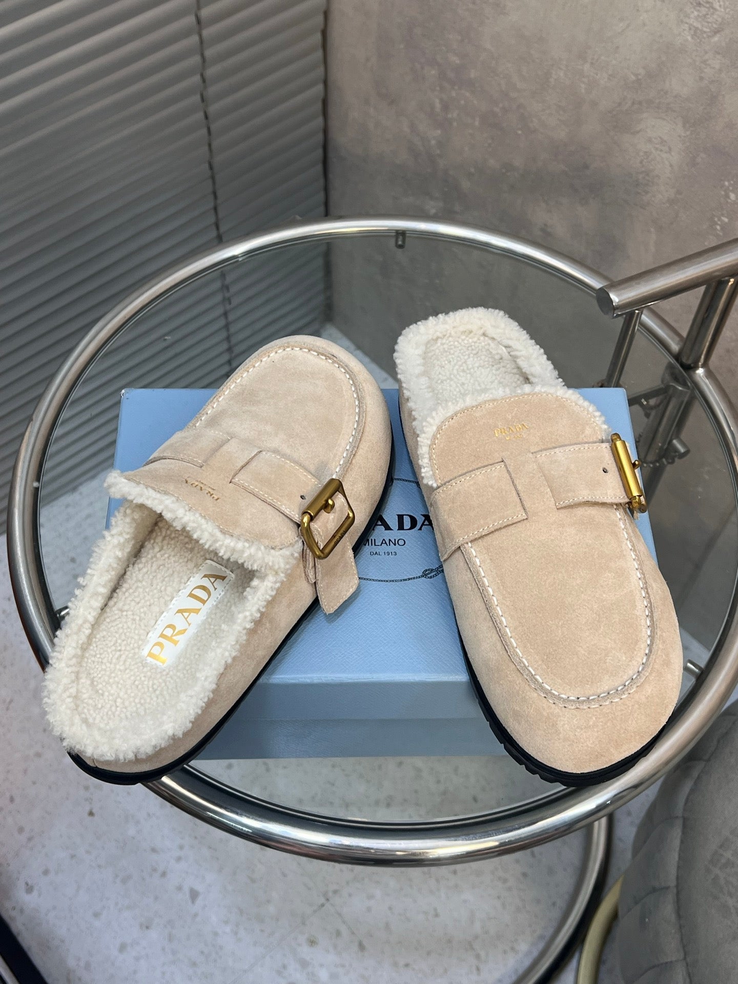 Prada 26s Mules Desert Beige Suede Shearing 952904