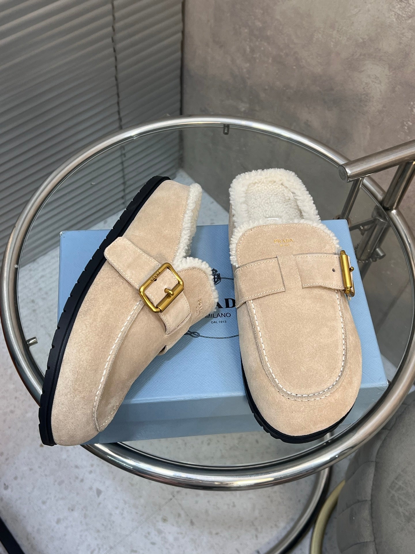Prada 26s Mules Desert Beige Suede Shearing 952904