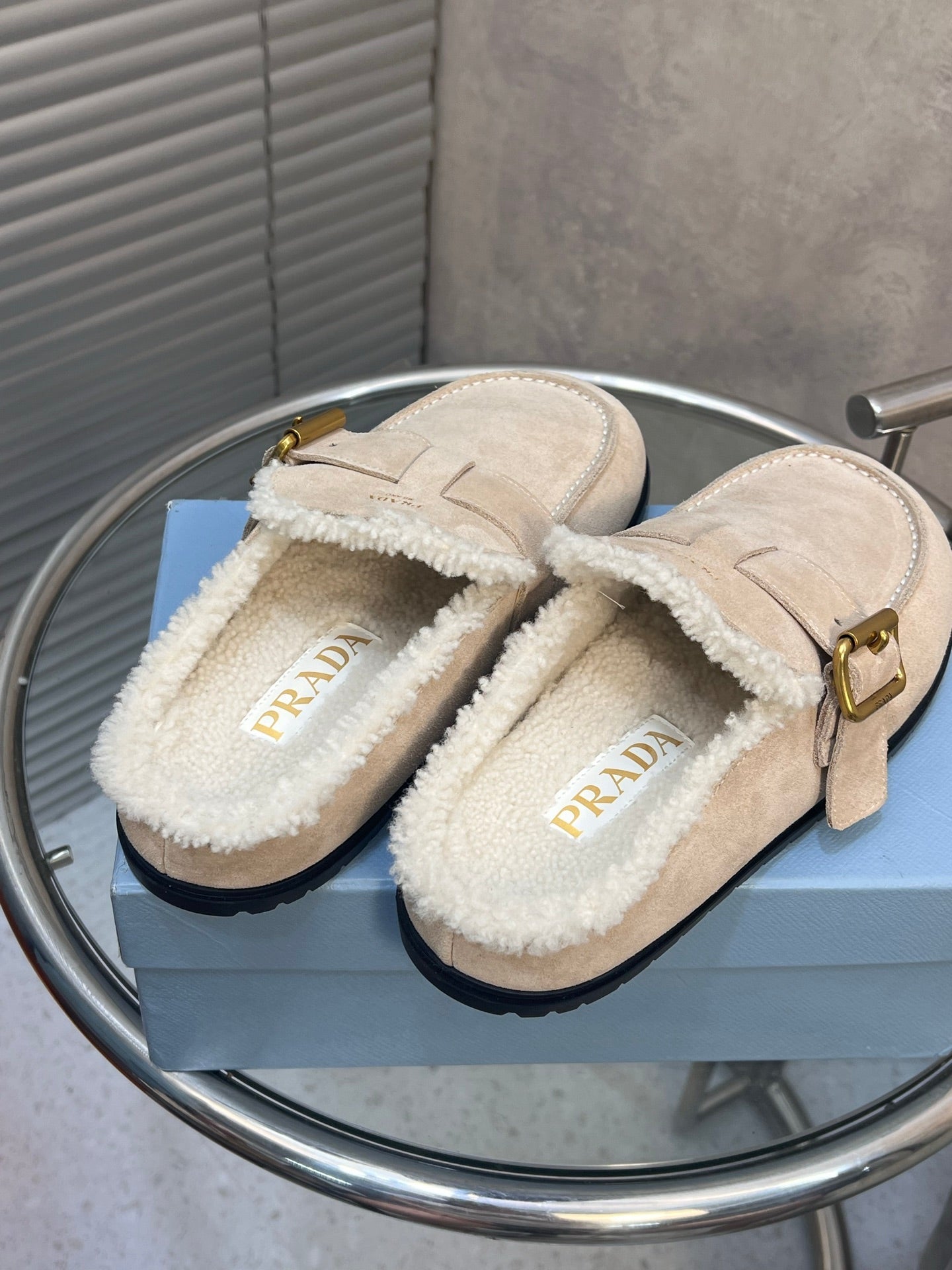 Prada 26s Mules Desert Beige Suede Shearing 952904
