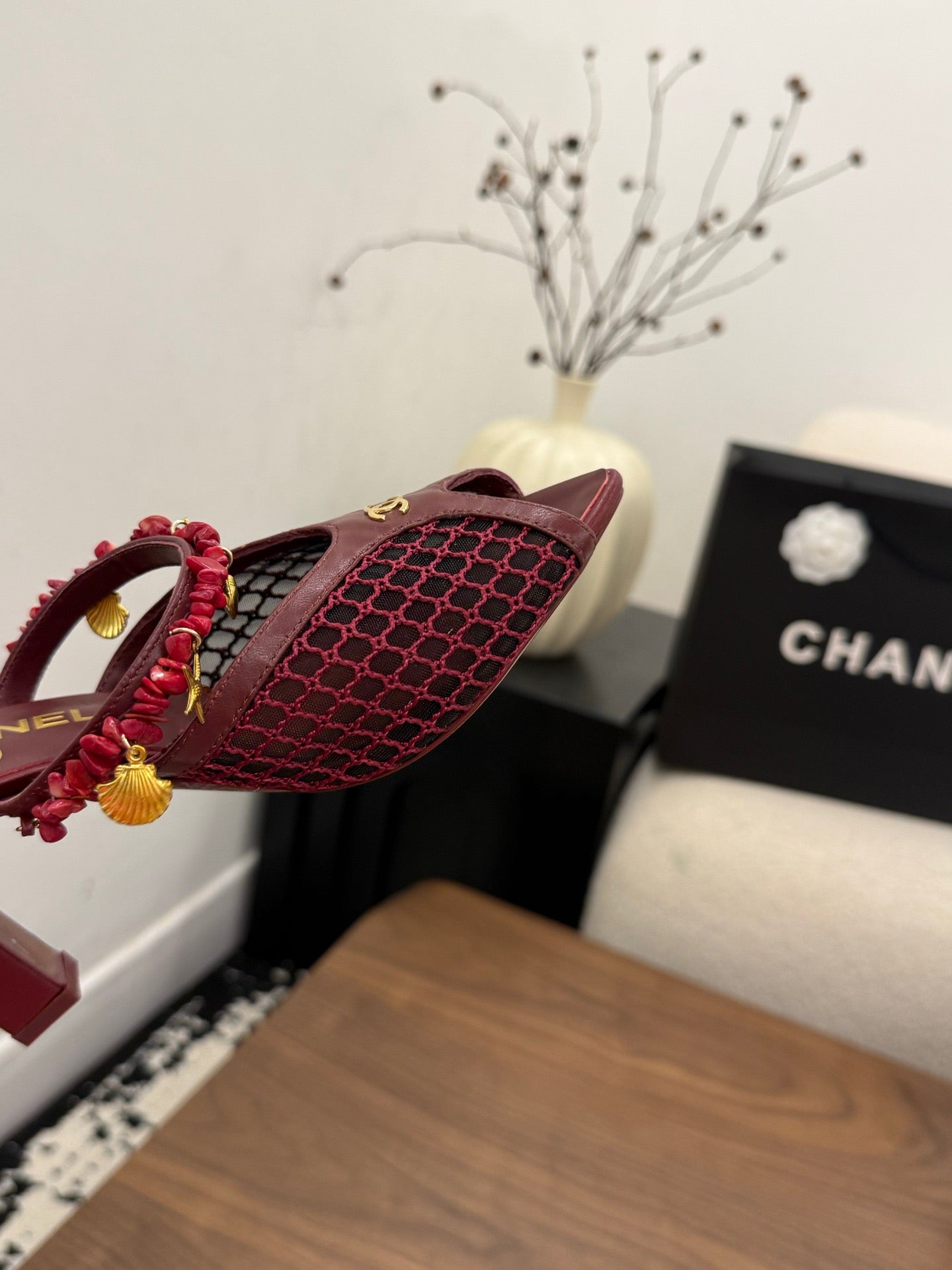 CC Coco Beach 26s Mule 9cm Burgundy Mesh Lambskin Resin 790137