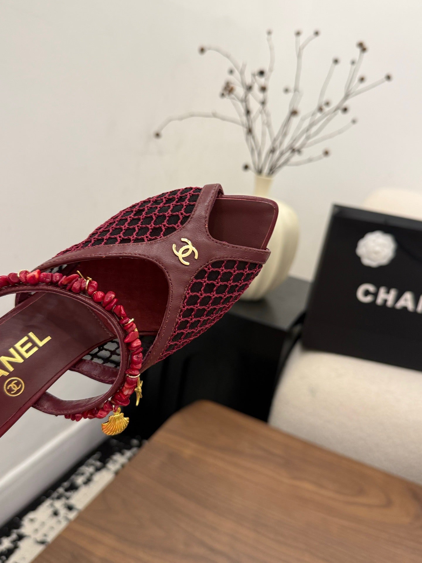 CC Coco Beach 26s Mule 9cm Burgundy Mesh Lambskin Resin 790137