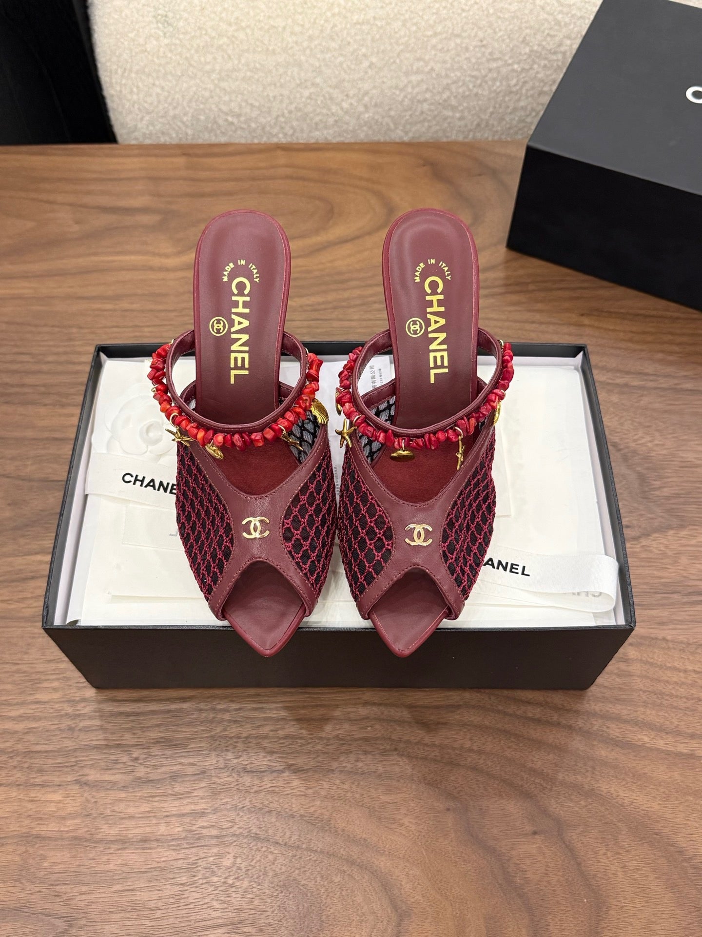 CC Coco Beach 26s Mule 9cm Burgundy Mesh Lambskin Resin 790137