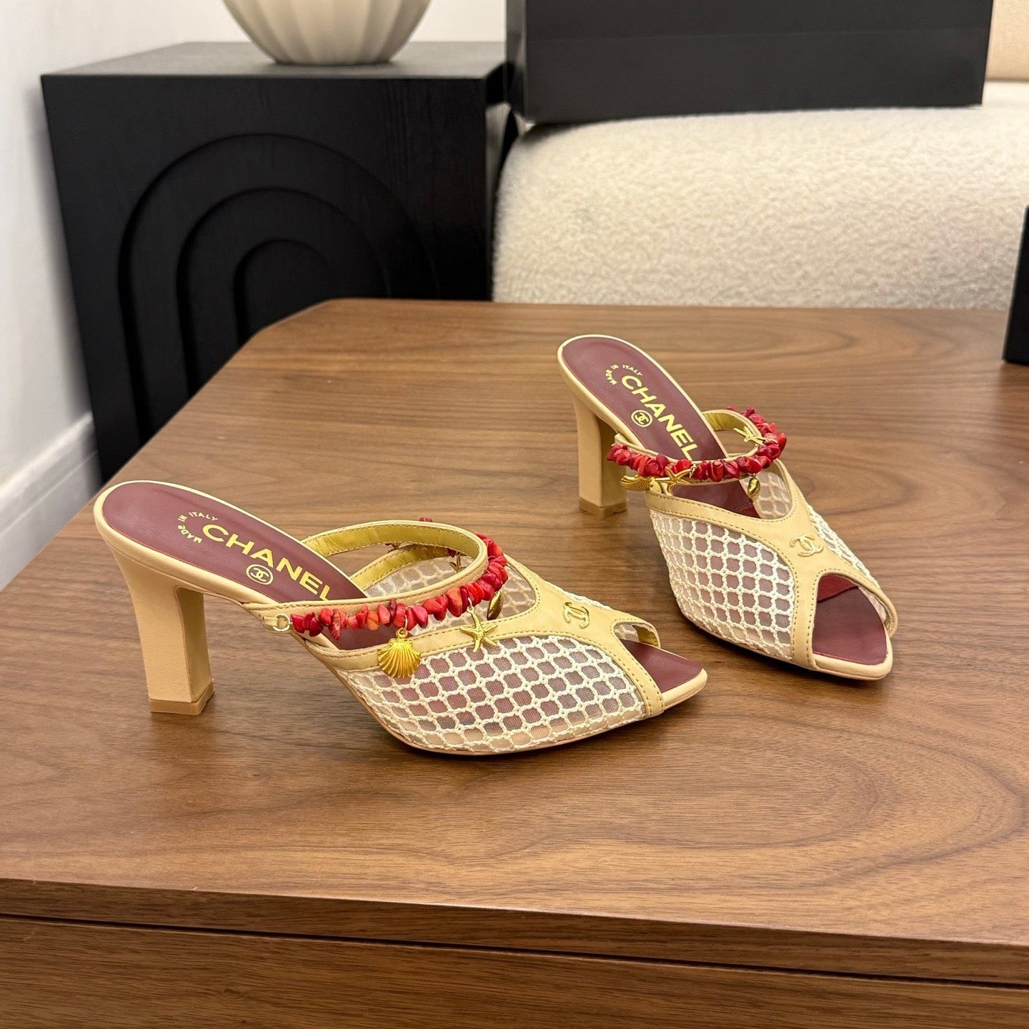 CC Coco Beach 26s Mule 9cm Beige Mesh Lambskin Resin 790138