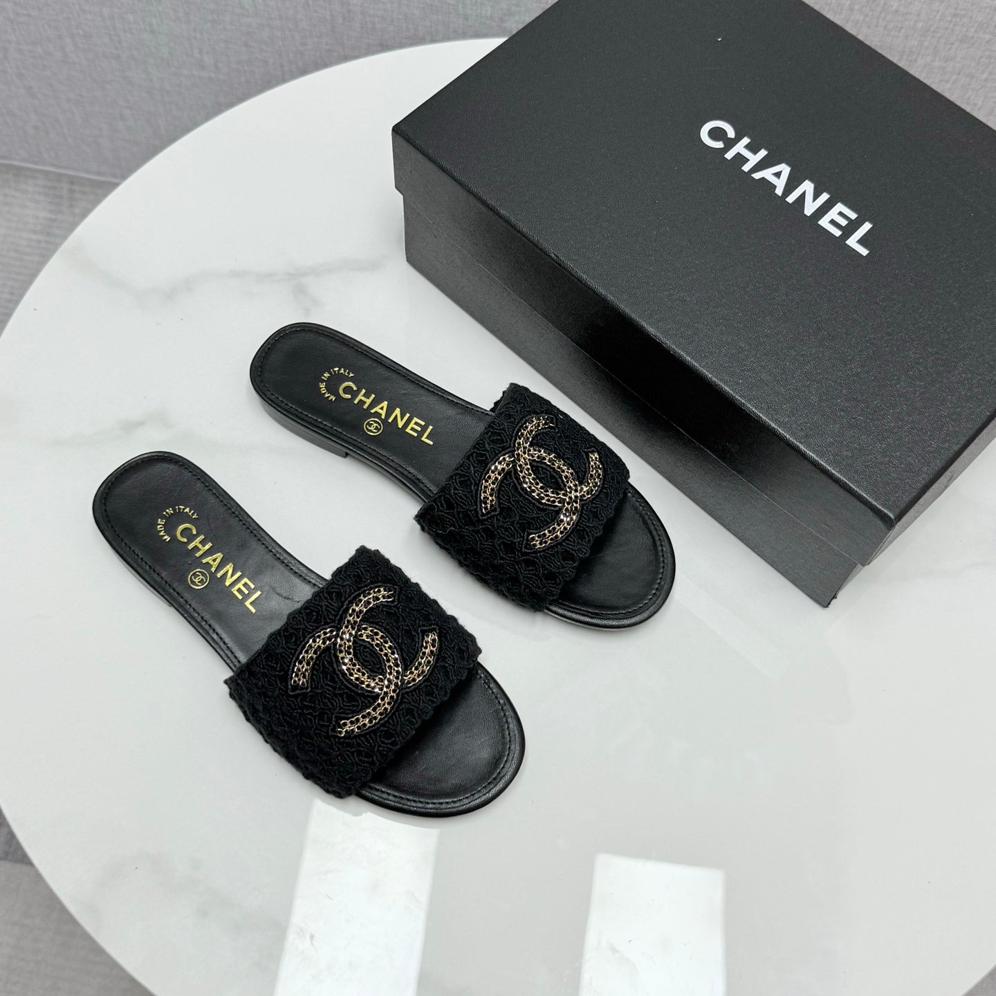 CC Slide Sandals 25s In Black Fabric And Calfskin With Logo