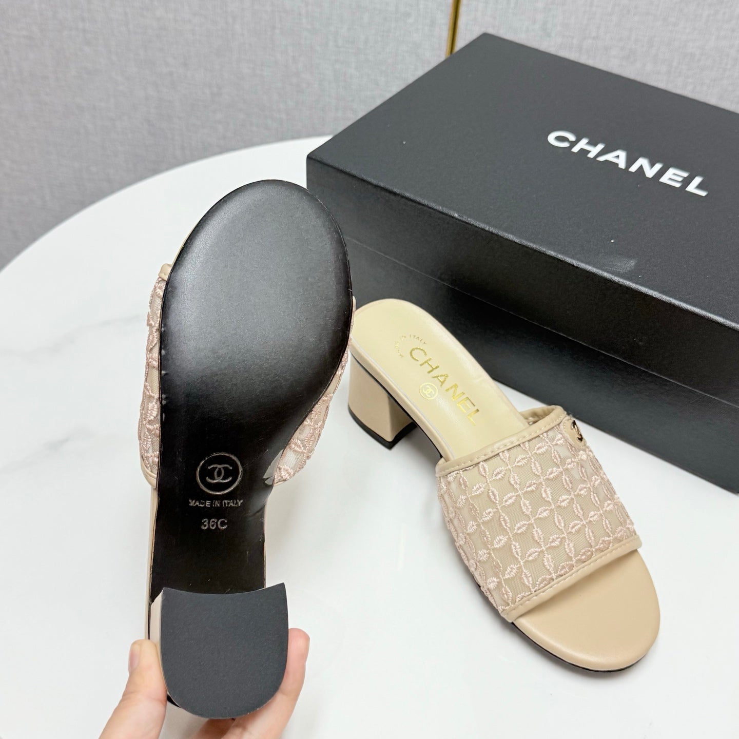 CC 25 Heel Sandals 50m Beige Mesh And Sheepskin 368803