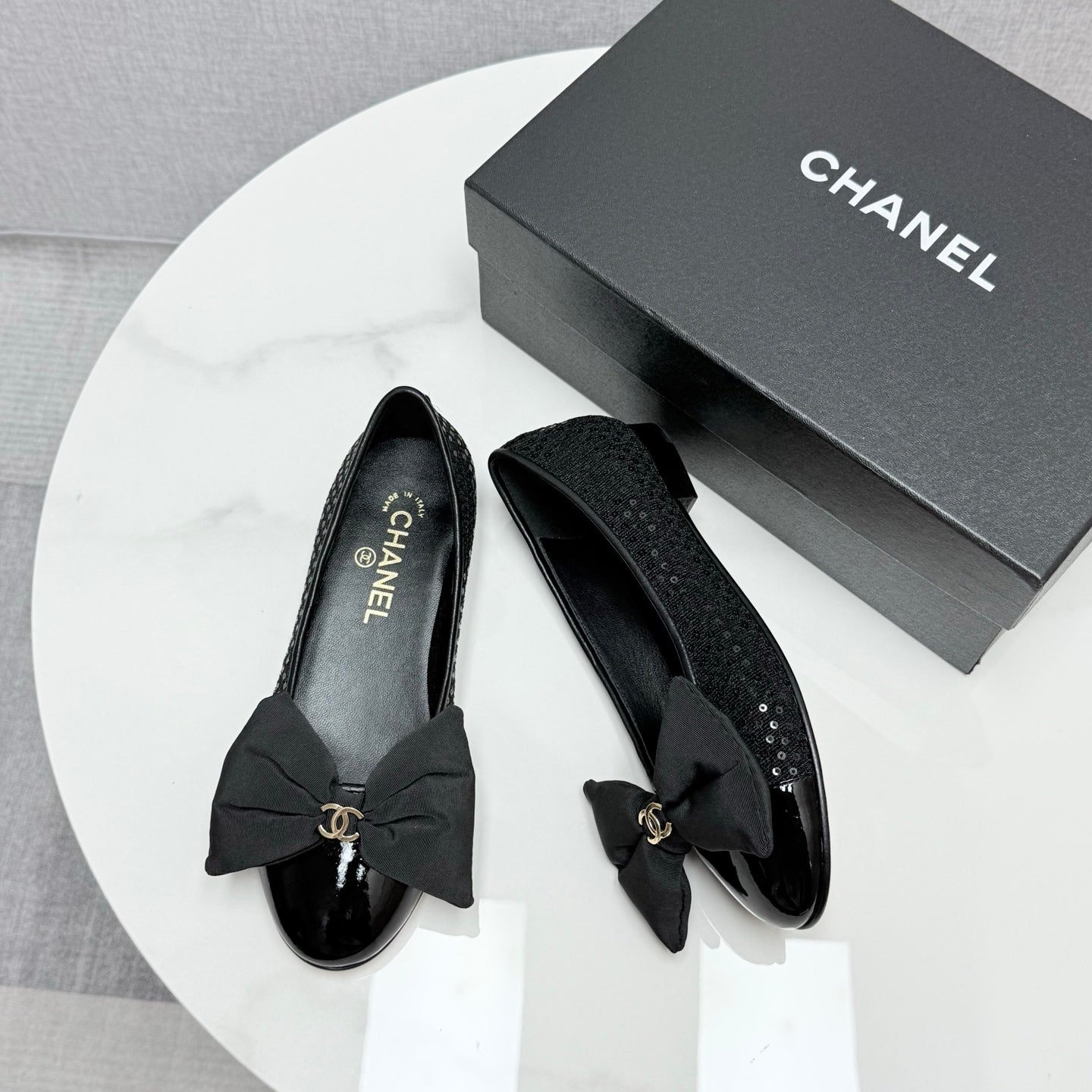 CC 25 Bow Ballet Flats Black Canvas And Grosgrain 368808
