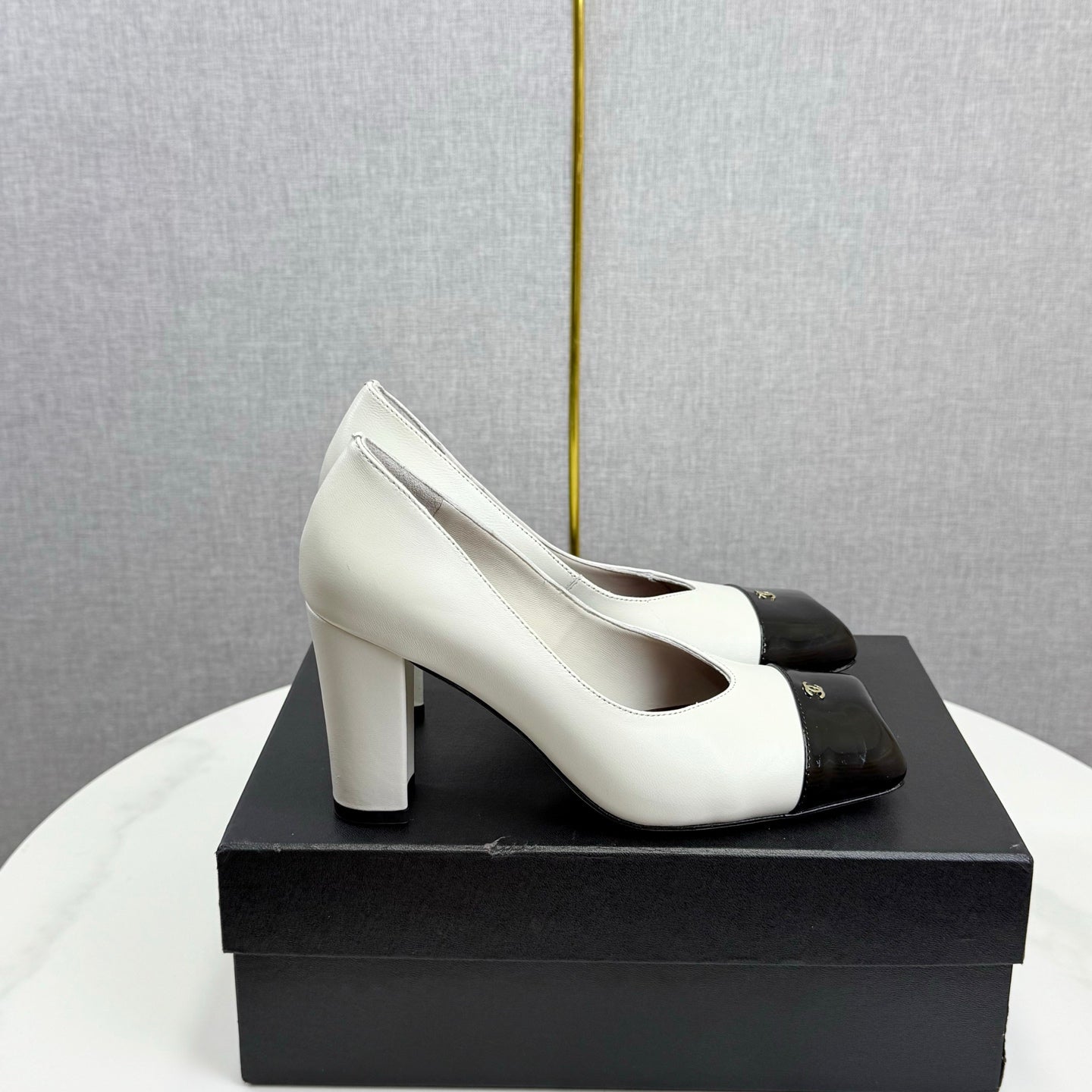 CC Square Toe Slingback Black White Sheepskin Patent Leather 541130