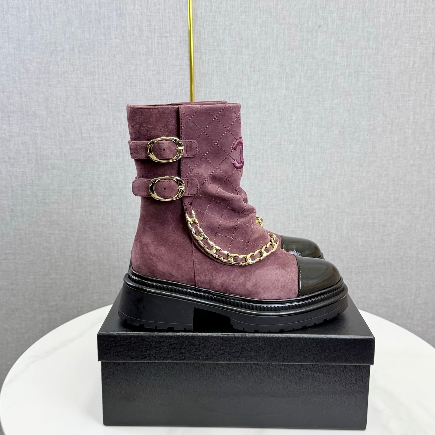 CC 25B AW Ankle Boots Old Rose Black Quited Suede Patent Leather 541068 GHW