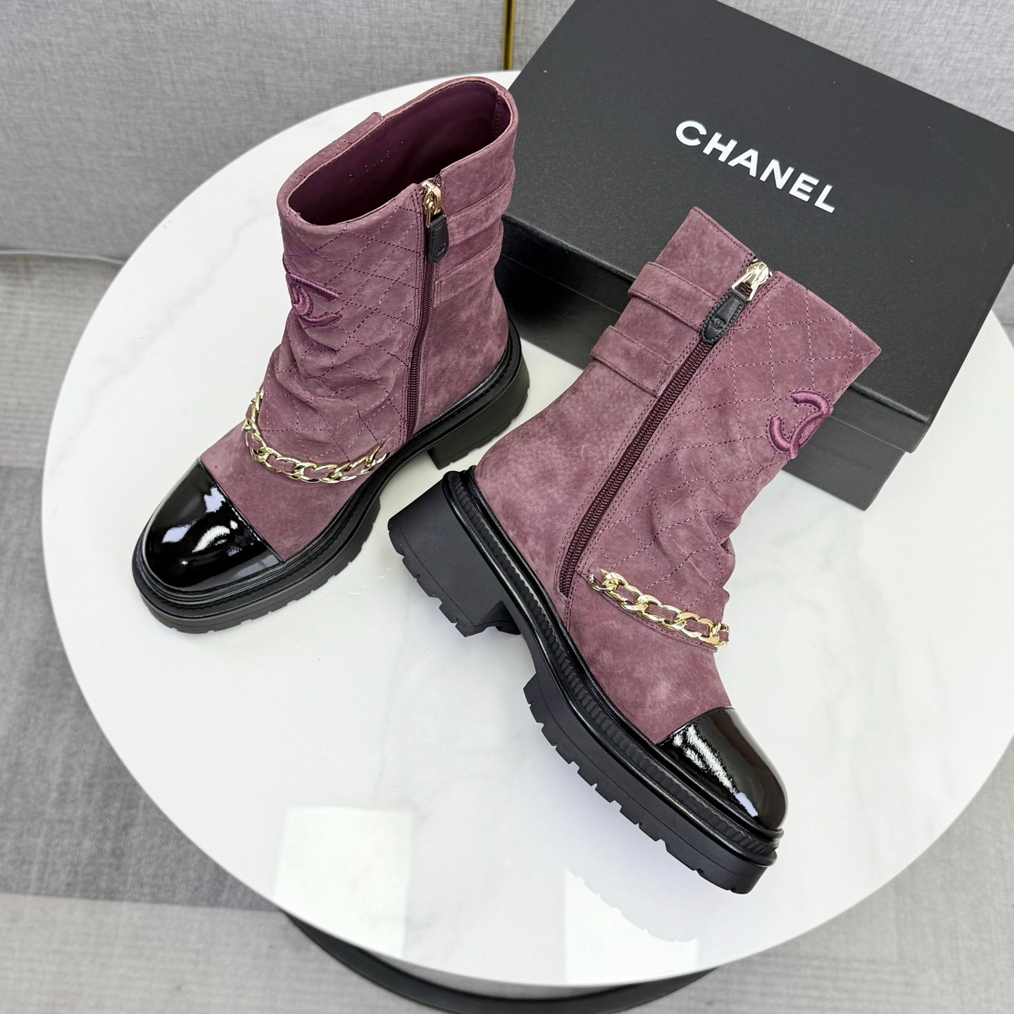 CC 25B AW Ankle Boots Old Rose Black Quited Suede Patent Leather 541068 GHW